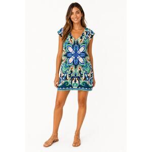 Maeve Blue & Green Paisley V-Neck Mini Dress